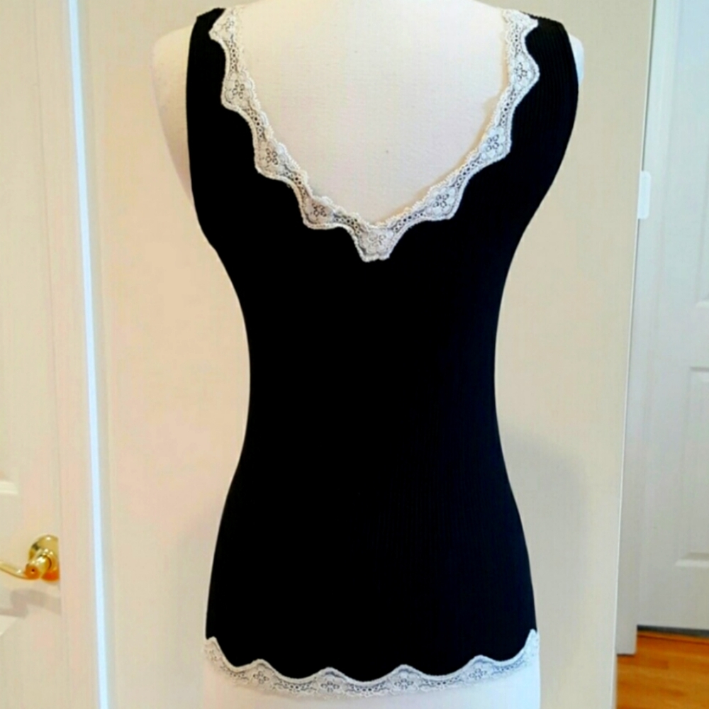 🐦⬛ Sweet Precious Merona Black Ribbed & Ivory Scalloped Lace Cami Tank Top - M - Picture 3 of 15